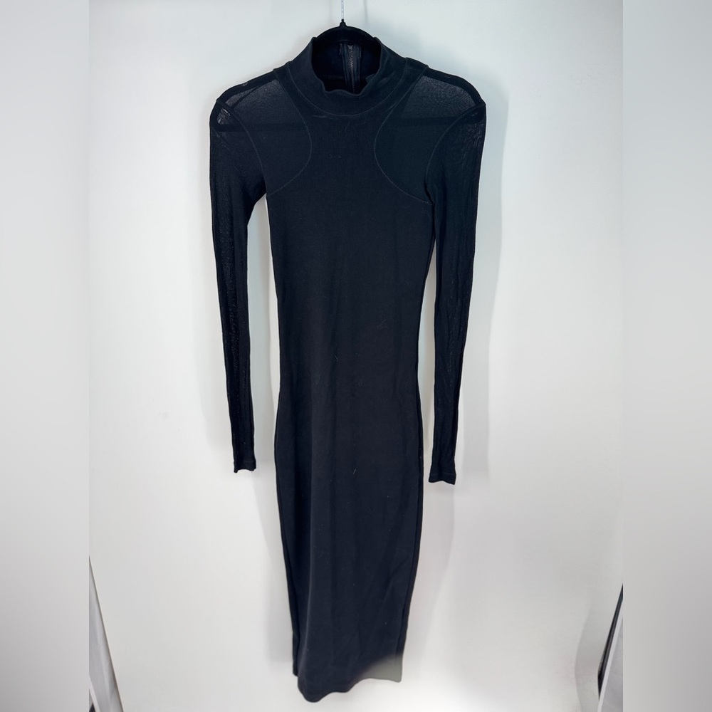 ALLSAINTS Quarter Zip Up Long Sleeve See Through Sleeve Ribbed Maxi Dress
